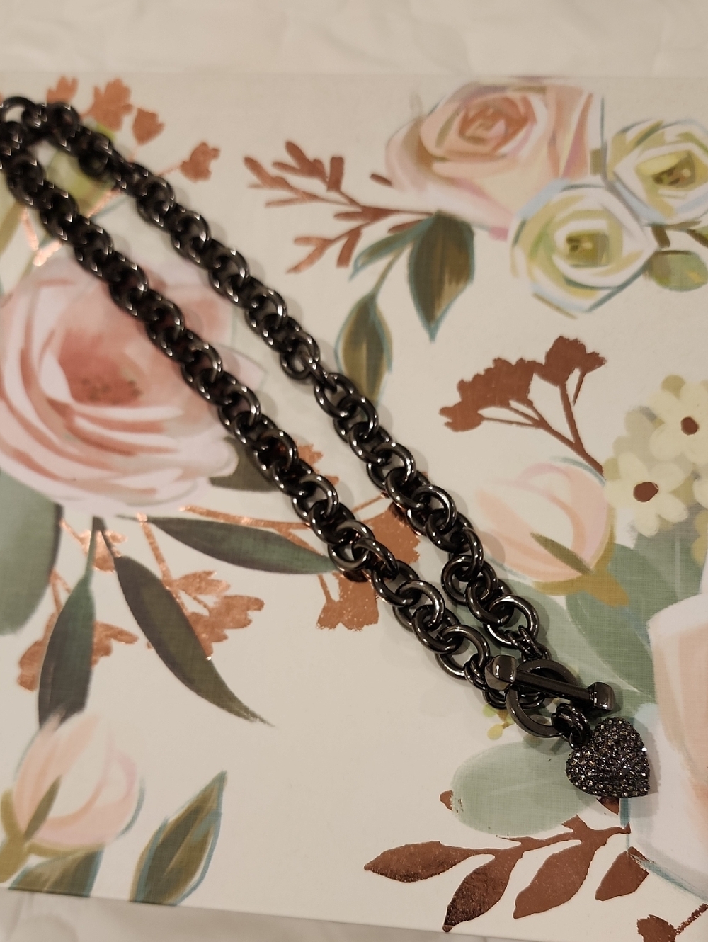 Guess Black Pave Heart Pendant Necklace - Gunmetal Chain